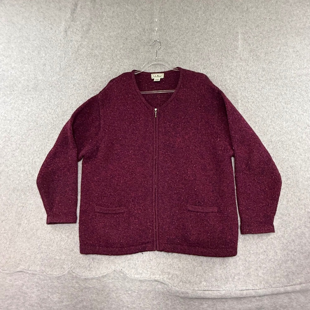 LL Bean Cardigan Sweater Womens XL Burgundy Wool Vintage Full Zip Marled Pocket